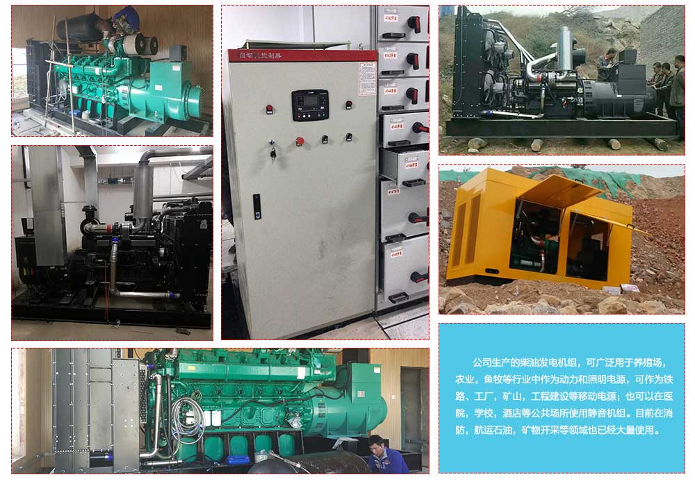 公司生產的柴油發電機組,可廣泛用于養殖場,農業,魚牧等行業中作為動力和照明電源,可作為鐵路、工廠,礦山,工程建設等移動電源;也可以在醫院,學校,酒店等公共場所使用靜音機組。目前在消防,航運石油,礦物開采等領域也已經大量使用。